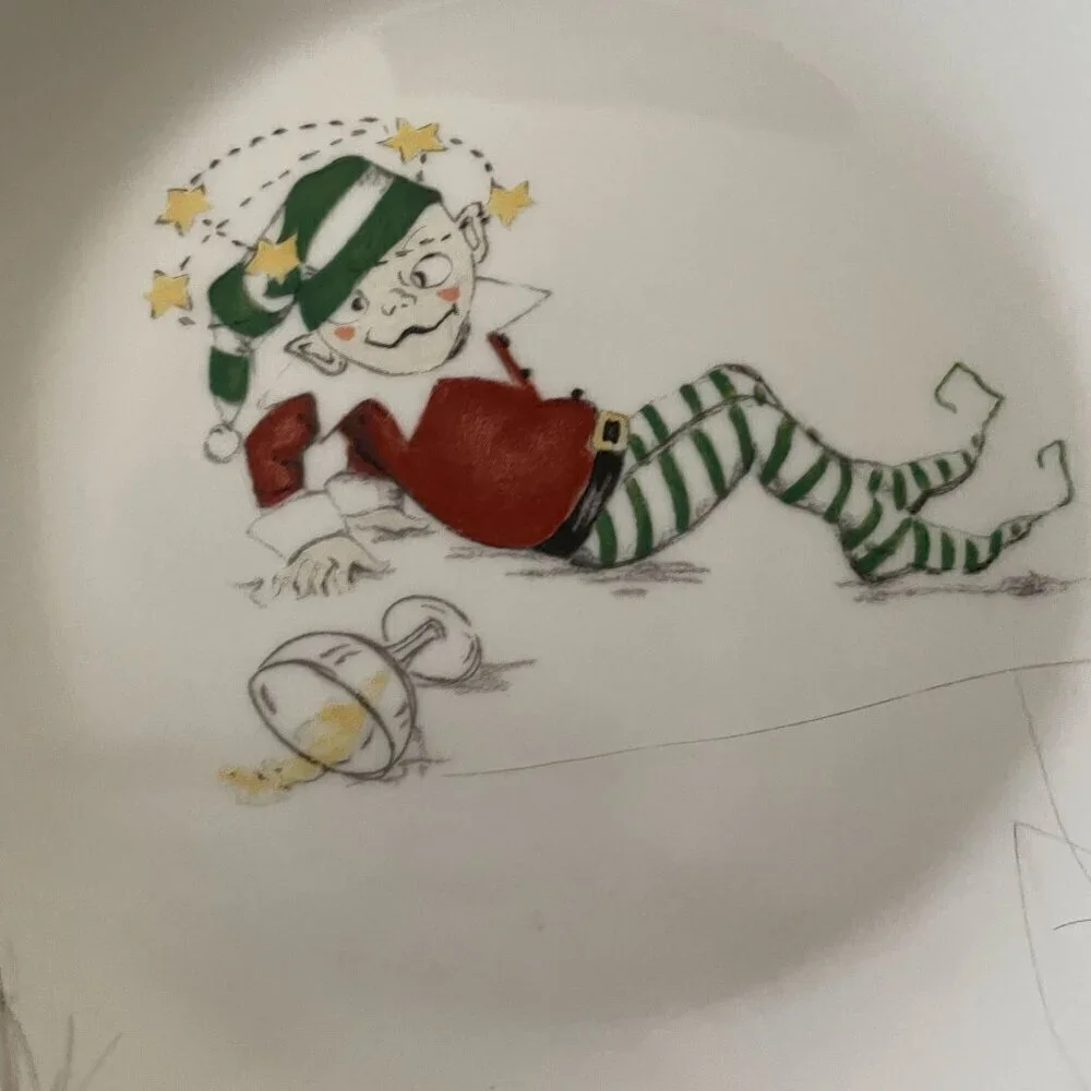 Restoration Hardware Christmas Naughty Elf 6 Salad Plates Boxed RARE Vintage